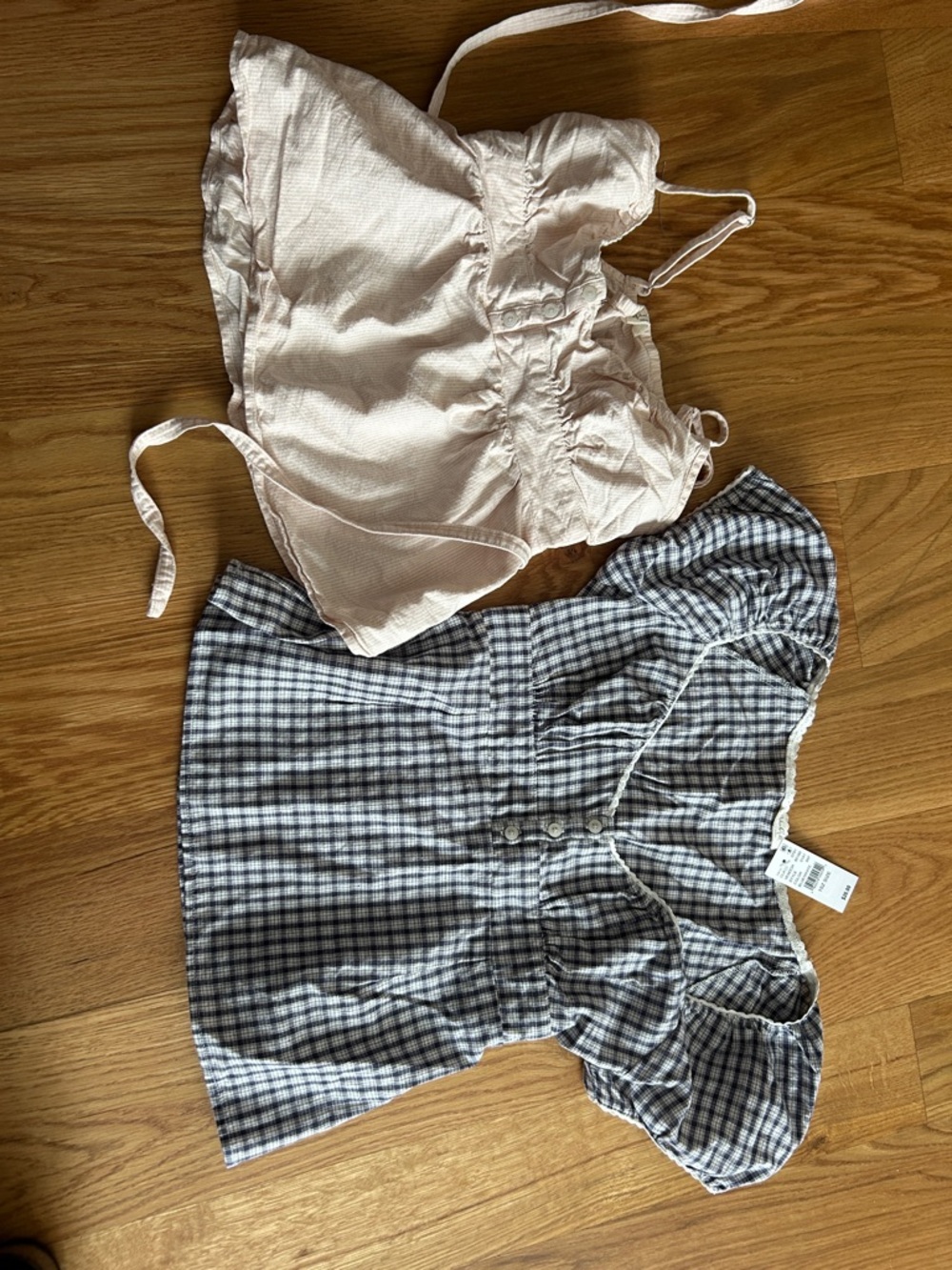Checked Puff-Sleeve Square Neck Blouse in Blue and White plus Pink stripe top